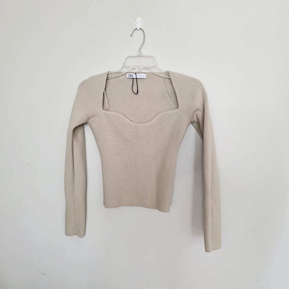 Zara Beige Ribbed Long Sleeve Top